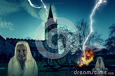 Scary Church Graveyard with Lightning And Ghost Stock Photo