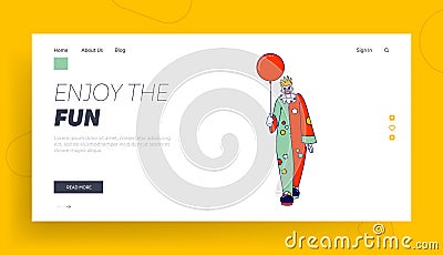 Scary Clown with Balloon Landing Page Template. Male Animator Wearing Funster Costume in Patches, Wig Vector Illustration