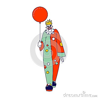 Scary Clown with Balloon. Male Animator Wearing Funster Costume in Patches, Wig, Red Nose and Creepy Face Vector Illustration