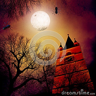 Scary dark forest and castle at full moon Stock Photo