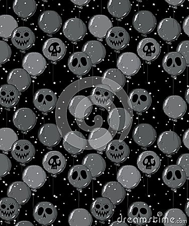 Funny Hand Drawn Halloween Vector Pattern. Scary Dark Grey Balloons with Ghost Faces. Vector Illustration