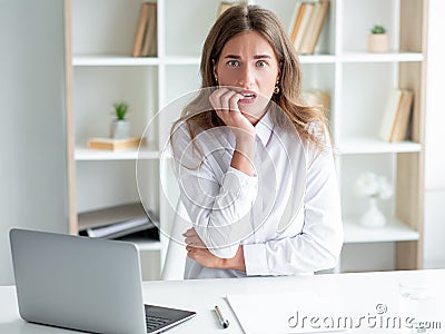 scary emotion worried woman work problem frighten Stock Photo