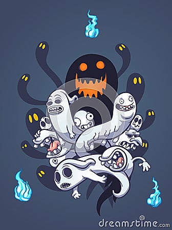 Scary entangled Halloween ghosts with blue flame spirits Vector Illustration