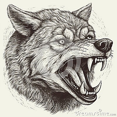 Scary evil angry predatory wolf head grinning teeth, portrait black and white drawing, engraving style, Stock Photo