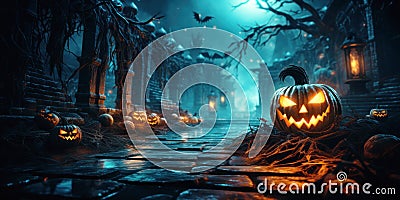 Scary evil pumpkins and bats in dark haunted town on Halloween night Stock Photo