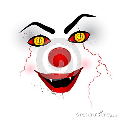 Scary face - creepy clown on the white background Vector Illustration