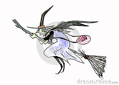 Scary Flying Witch. halloween background with witch on the broom. Isolated on white. Cartoon Illustration