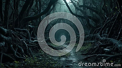 Scary forest at night, dry crooked trees and path in dark fairytale wood, generative AI Stock Photo