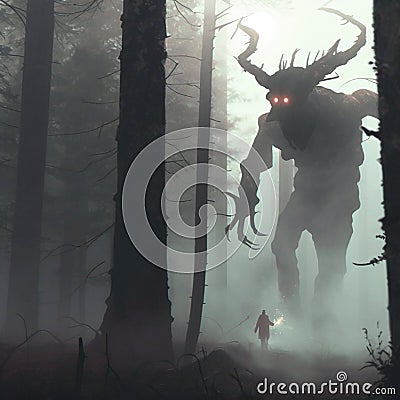 A scary forest spirit in a mystical misty forest Cartoon Illustration