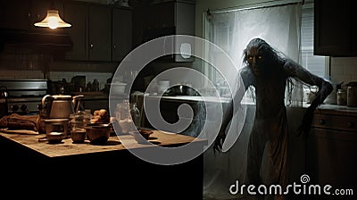 Creepy Sphinx Ghost In Kitchen: Ultra Realistic Photo Stock Photo