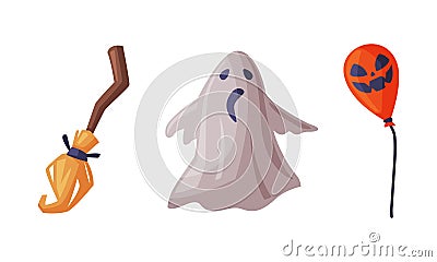 Scary ghost, magic witch broom, scary air balloon. Witchcraft attributes, halloween objects cartoon vector illustration Vector Illustration