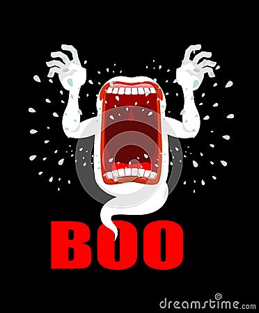 Scary ghost shouts BOO. Horrible wraith frightening screams. Phasing white monster with an open mouth. Wild howl. hungry spook Vector Illustration