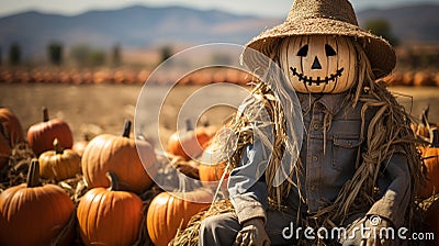 Halloween scarecrow figure sitting amongst the country pumpkin patch - generative AI Stock Photo