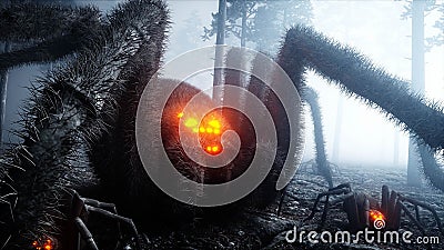 Scary gigant spider in fog night forest. Fear and horror. Mistic and halloween concept. 3d rendering. Stock Photo