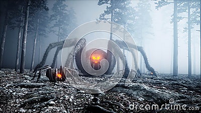 Scary gigant spider in fog night forest. Fear and horror. Mistic and halloween concept. 3d rendering. Stock Photo