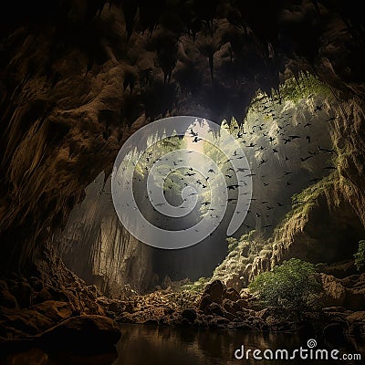 Scary gloomy karst cave deep underground with many flying bats, Stock Photo