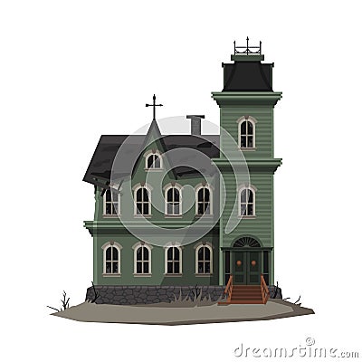 Scary Gothic House, Halloween Haunted Mansion with Cross on Top of Roof Vector Illustration Vector Illustration