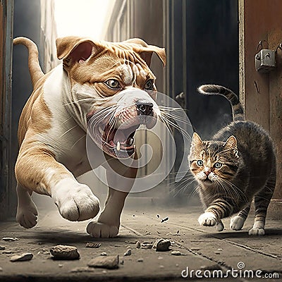 Scary grinning dog attacks a cat on the street, close-up, Stock Photo