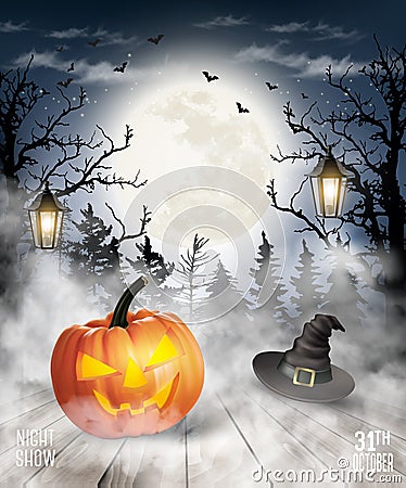 Scary Halloween background with pumpkin and moon. Vector Illustration