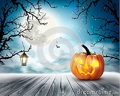 Scary Halloween background with pumpkin and moon. Vector Illustration