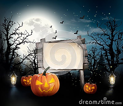 Scary Halloween background with a wooden sign. Vector Illustration