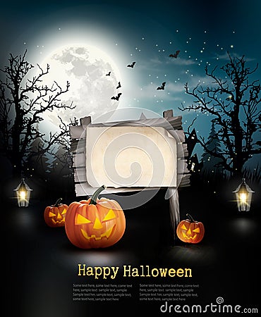 Scary Halloween background with a wooden sign. Vector Illustration