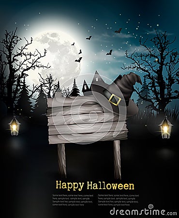 Scary Halloween background with a wooden sign. Vector Illustration