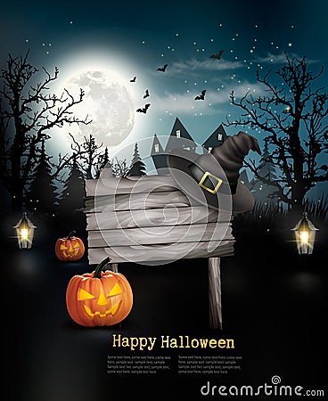 Scary Halloween background with a wooden sign. Vector Illustration
