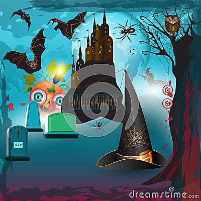 Scary halloween with castle Vector Illustration