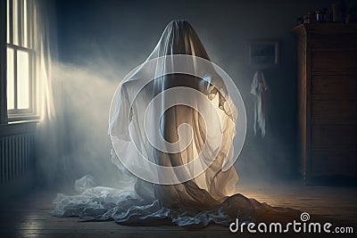 A scary halloween ghost spirit in a haunted house. Generative ai Stock Photo