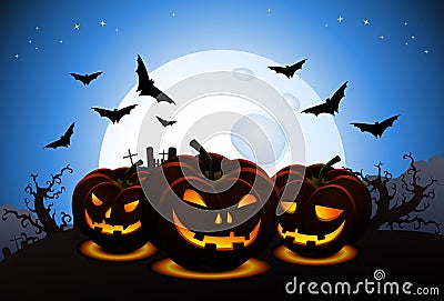 Scary halloween wallpaper with carved pumpkins and scary bats Vector Illustration