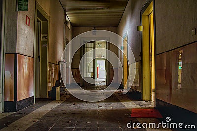 Scary hallway in an abandoned decaying building in europe Stock Photo