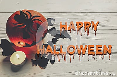 Scary happy halloween text, dark spooky jack lantern pumpkin wit Stock Photo