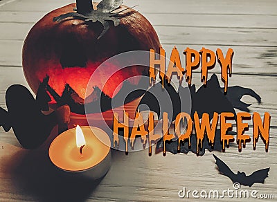 Scary happy halloween text. dark spooky jack lantern pumpkin wit Stock Photo