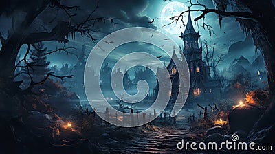 Scary haunted houses in dark misty village on spooky Halloween night Stock Photo