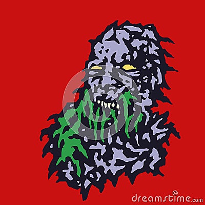 Scary head of zombie with bleeding from the mouth of green mucus. Vector illustration. Vector Illustration
