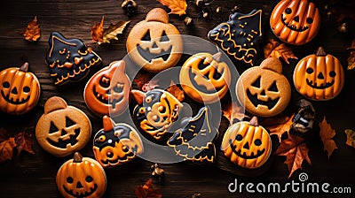 Scary homemade gingerbread cookies in the shape of evil pumpkins, cobwebs close up isolated on dark wooden background Stock Photo