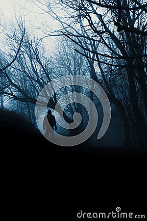 A scary, hooded figure standing in an eerie, spooky forest. On a misty winters days Stock Photo