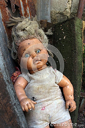 Scary horror doll Creepy doll Halloween concept, Close up of Ghost doll mystic in abandoned places background Stock Photo