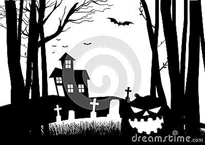 Scary house and cemetery in the dark woods Cartoon Illustration