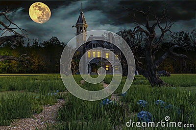 Scary house on moonlight Stock Photo