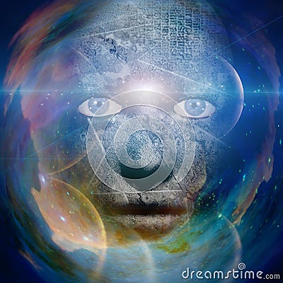 Scary human face with universe background Stock Photo