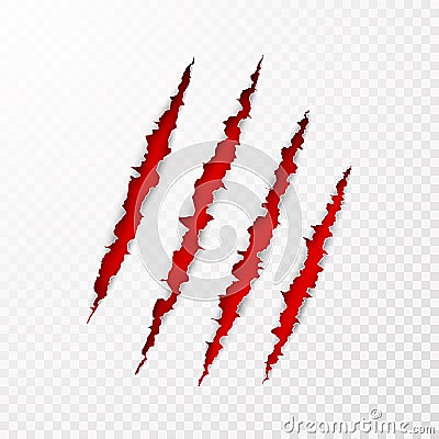 Scary leceration paper surface. Wild animal claws scratch texture with red background. Torn paper edge. vector Vector Illustration