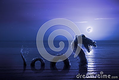 Scary Loch Ness Monster emerging from water Stock Photo