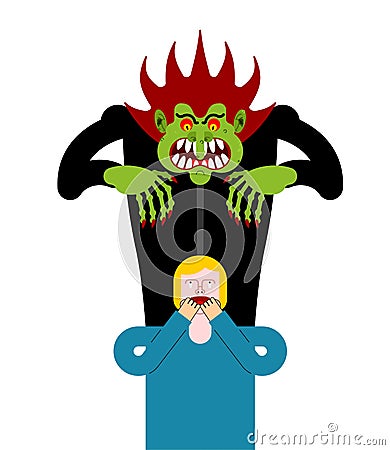 Scary man scaring guy. Nightmare monster with long claws. Vector Vector Illustration