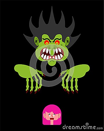 Scary man scaring little girl. Nightmare monster with long claws Vector Illustration