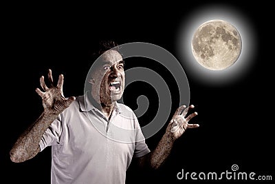 Scary Man Werewolf Fango Beast under Full Moon at Stock Photo