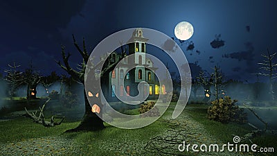 Scary mansion among creepy trees at night Cartoon Illustration