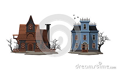 Scary mansions set. Abandoned creepy houses cartoon vector illustration Vector Illustration
