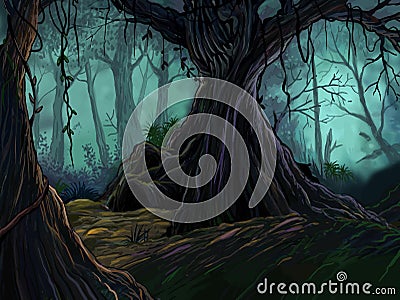 Scary midnight scene in the haunted jungle. Vector Illustration